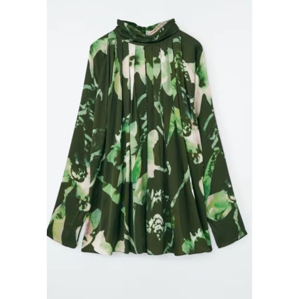 Cos Top Pleated Batwing Floral Satin Women High Neck 2 Green Floral Long Sleeve